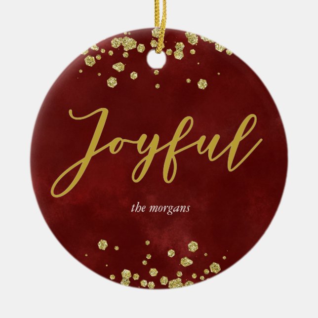 Joyful Burgundy Holiday Photo Ornament (Front)