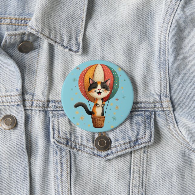 Joyful Calico Cat Sky Adventure Illustration 7.5 Cm Round Badge (In Situ)