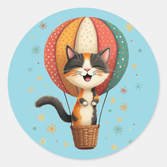 Joyful Calico Cat Sky Adventure Illustration Classic Round Sticker (Front)