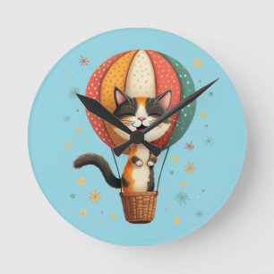Joyful Calico Cat Sky Adventure Illustration Round Clock