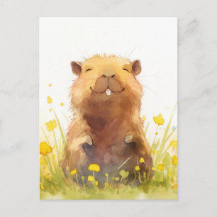 Joyful Capybara in Yellow Wildflower Meadow Postcard