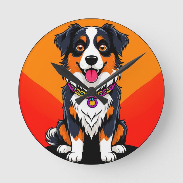 Joyful Cartoon Dog Illustration Round Clock (Front)