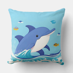Joyful Cartoon Dolphin Swimming in Blue Water Cushion