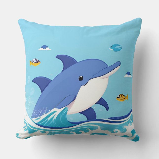 Joyful Cartoon Dolphin Swimming in Blue Water Cushion (Front)