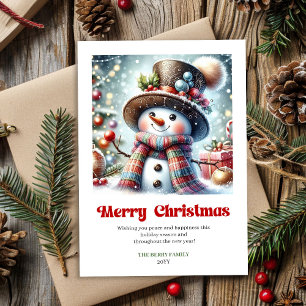 Joyful cartoon snowman festive red green gold kids holiday card