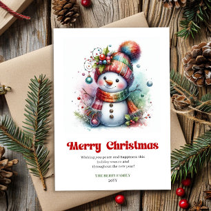 Joyful cartoon snowman festive watercolor Xmas Holiday Card