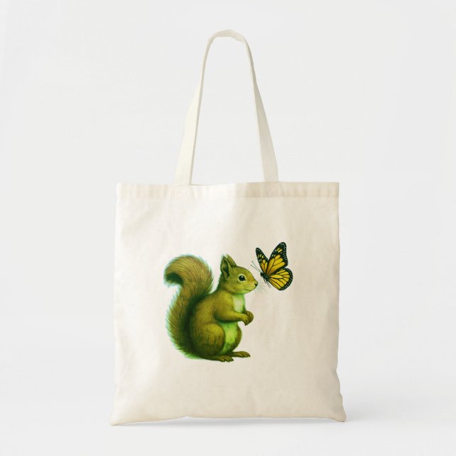 Joyful Chase – Happy Squirrel & Butterfly Tote Bag (Front)