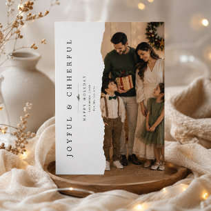 Joyful & Cheerful Torn Edge Christmas Family photo Holiday Card