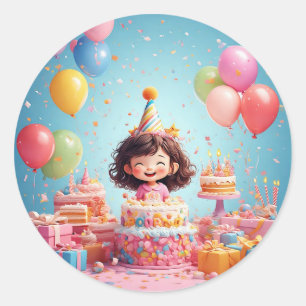 Joyful Child Celebrating Birthday with Cake Classic Round Sticker