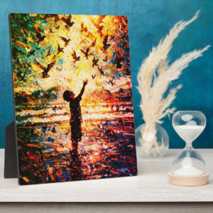 Joyful Child Playing with Birds Sunrise Water Plaque