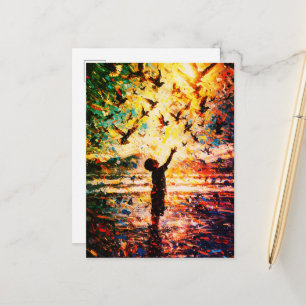 Joyful Child Playing with Birds Sunrise Water Postcard