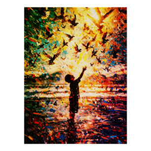 Joyful Child Playing with Birds Sunrise Water Poster