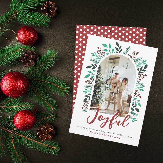 Joyful Christmas Arch Berries Foliage Photo Holiday Card (Creator Uploaded)