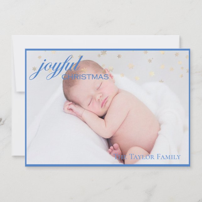 Joyful CHRISTMAS - Blue New Baby Boy Photo Holiday Card (Front)