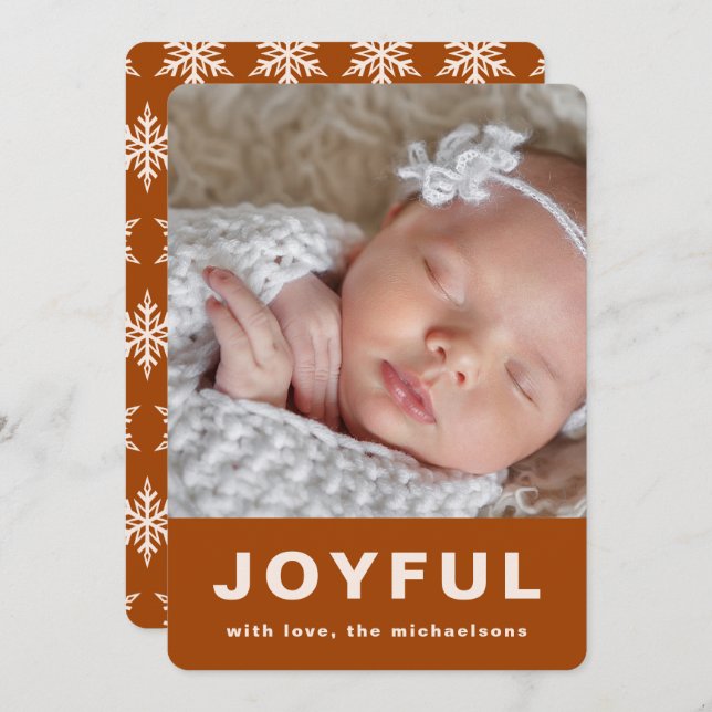 Joyful Christmas Burnt Orange Snowflake Photo Holiday Card (Front/Back)