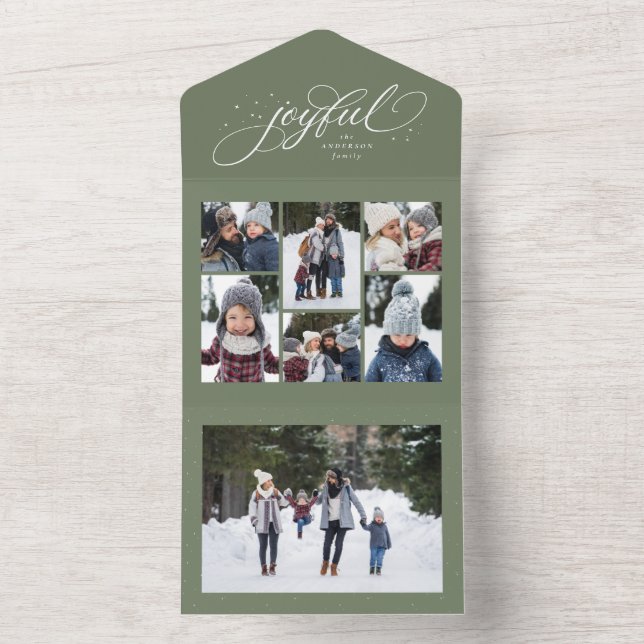 Joyful Christmas collage 7 photo green trifold All In One Invitation (Inside)