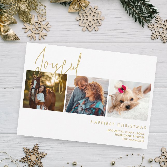 Joyful Christmas Elegant Fake Gold Effect 3 Photos Holiday Card (Creator Uploaded)