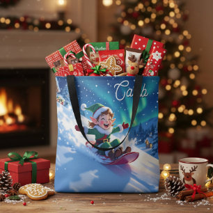 Joyful Christmas Elf Sledding Tote Bag