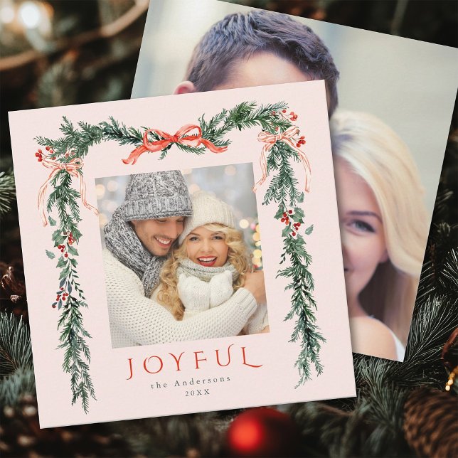 Joyful Christmas Frame 2 Photo Blush Pink Square Holiday Card (Front & Back)