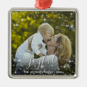 Joyful Christmas Fun Sparkles Holiday Photo Metal Tree Decoration
