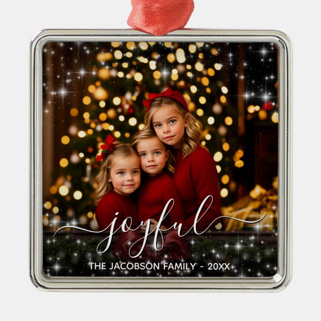 Joyful Christmas Fun Sparkles Holiday Photo Metal Tree Decoration (Front)