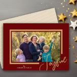 Joyful Christmas Minimalist Photo Holiday Card<br><div class="desc">This modern minimalist photo Christmas card offers a horizontal picture frame with the word "Joyful" over the bottom corner. The background of this simple and elegant card is dark red. Photography © Storytree Studios,  Stanford,  CA</div>