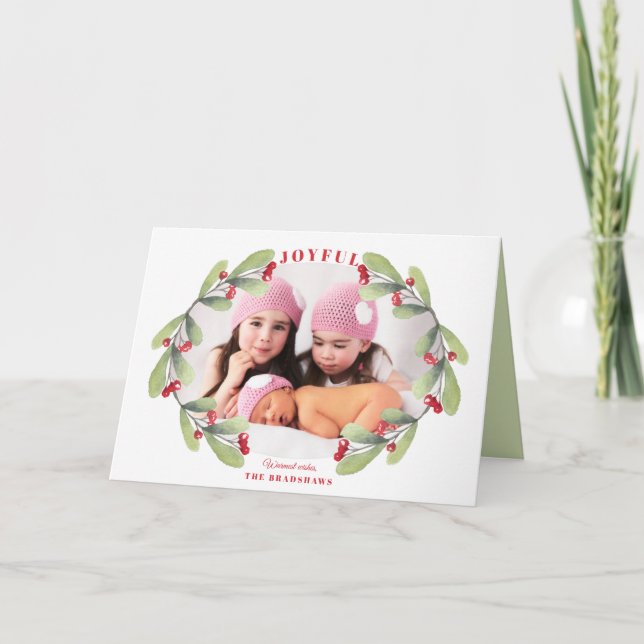 Joyful Christmas Mistletoe Holiday Photo Card (Front)