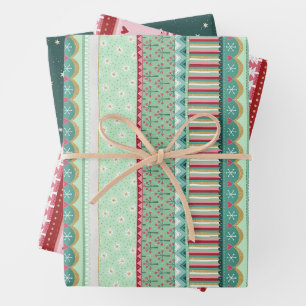 Joyful Christmas Pattern Set of Three Wrapping Paper Sheet