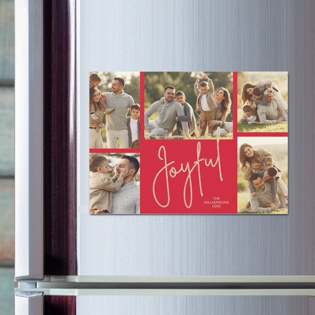 JOYFUL Christmas Photo Collage Magnetic Cards (JOYFUL on red Christmas photo collage magnetic cards)