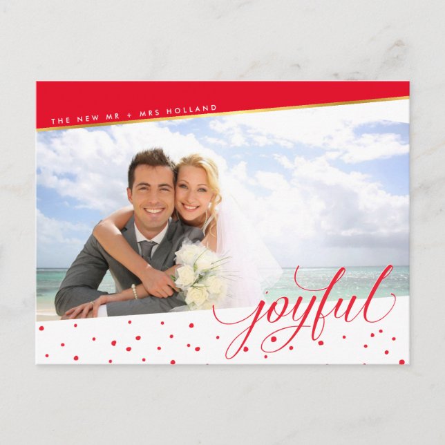 JOYFUL CHRISTMAS PHOTO modern calligraphy red gold Holiday Postcard (Front)