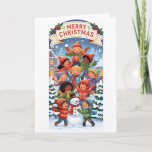 Joyful Christmas Pyramid – Kids Building a Snowman Card