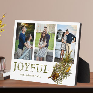 Joyful Christmas Rustic Pine Sprig Photo Collage Plaque
