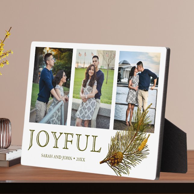 Joyful Christmas Rustic Pine Sprig Photo Collage Plaque (Creator Uploaded)