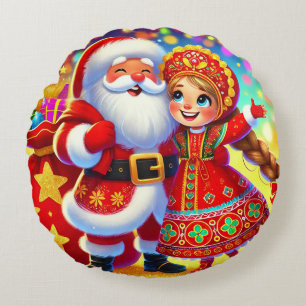 Joyful Christmas Scene Featuring Santa Round Cushion