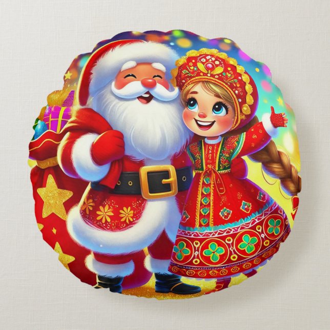 Joyful Christmas Scene Featuring Santa Round Cushion (Front)