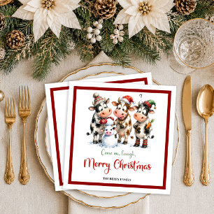 Joyful Christmas whimsical cow cartoon christmas n Napkin