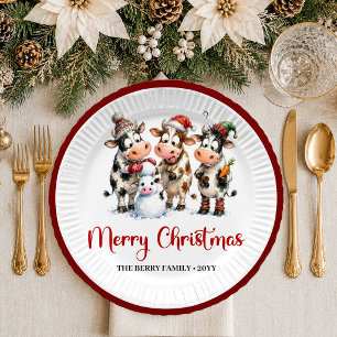Joyful Christmas whimsical cow cartoon christmas p Paper Plate