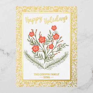 Joyful Christmas Winter Floral Gold Glitters Foil Holiday Postcard