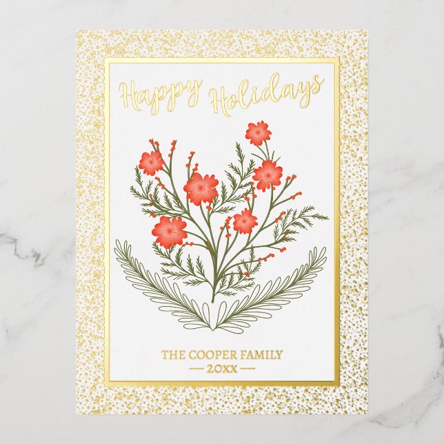 Joyful Christmas Winter Floral Gold Glitters Foil Holiday Postcard (Front)