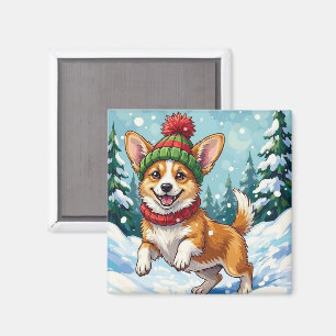 Joyful Corgi Dog Bouncing in Snow with Pom Pom Magnet