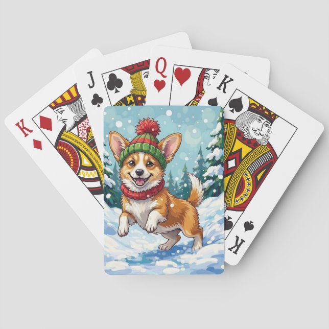 Joyful Corgi Dog Bouncing in Snow with Pom Pom Playing Cards (Back)