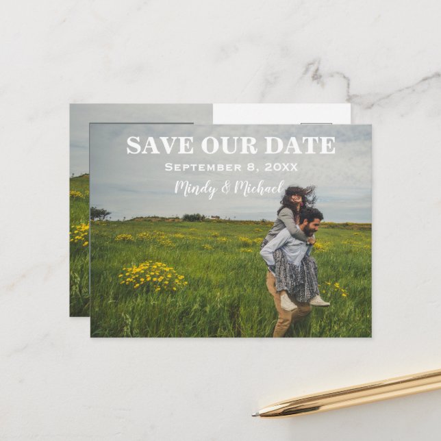 Joyful Couple Wedding Save Announcement Postcard (Front/Back In Situ)