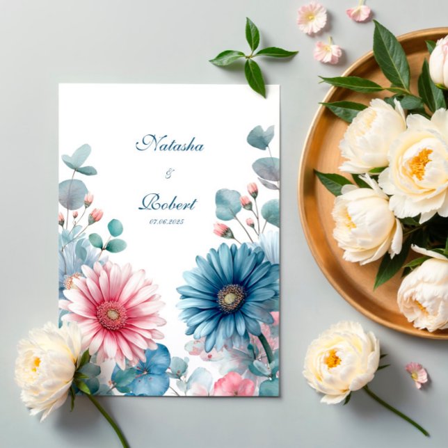 Joyful Daisies Dusty Blue and Blush Wedding Invitation (Creator Uploaded)