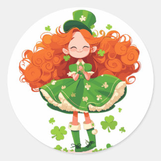 Joyful Dancing Girl with Clovers Classic Round Sticker