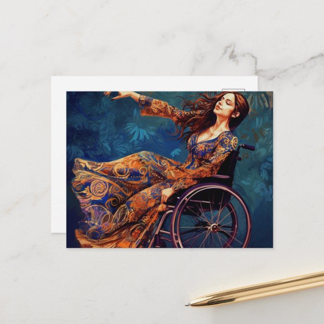 Joyful Dancing Wheelchair Woman Postcard (Front/Back In Situ)