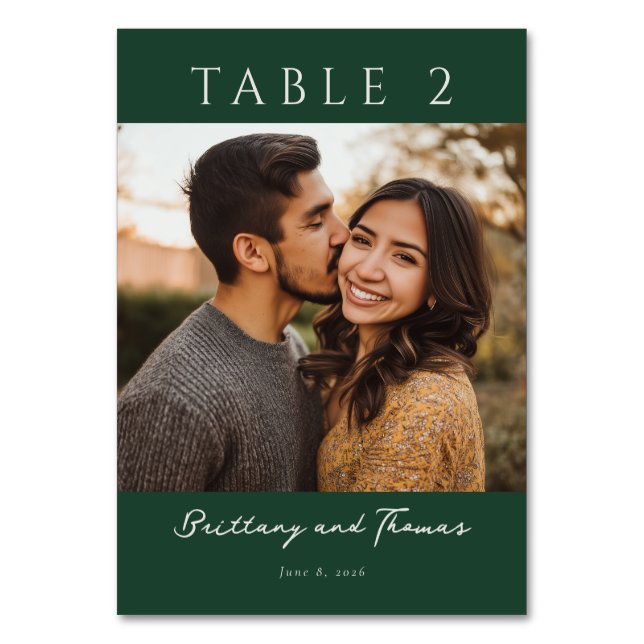 Joyful Dark Green Minimalist Photo Table Number (Front)