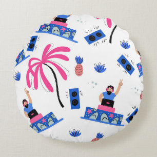 Joyful DJ, tropical beach pattern. Round Cushion