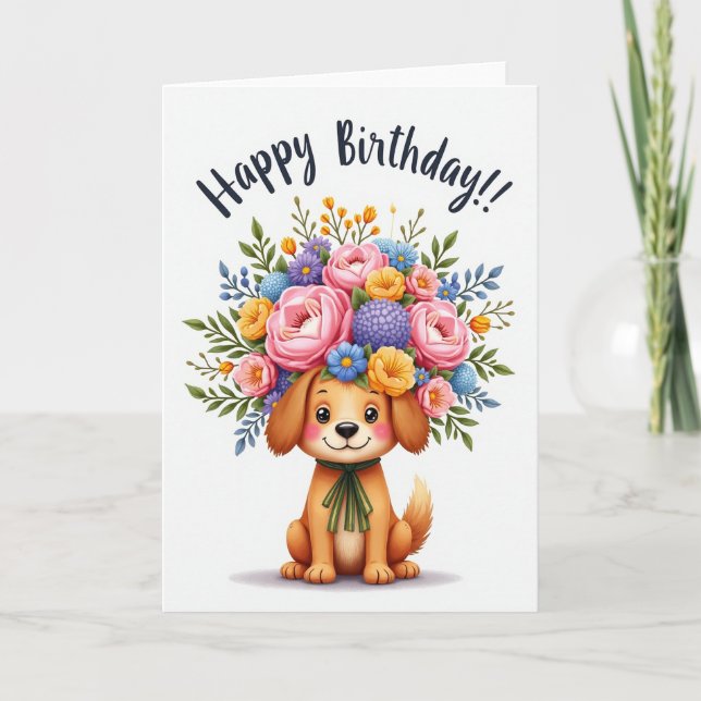 Joyful Dog Floral Birthday Card (Front)