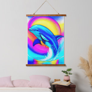 Joyful Dolphin in Rainbow Colours Hanging Tapestry