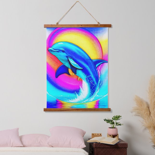 Joyful Dolphin in Rainbow Colours Hanging Tapestry (Bedroom)